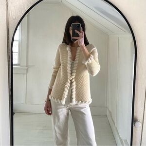 Jones New York Fur Trimmed Wool Cardigan Sweater Size PS